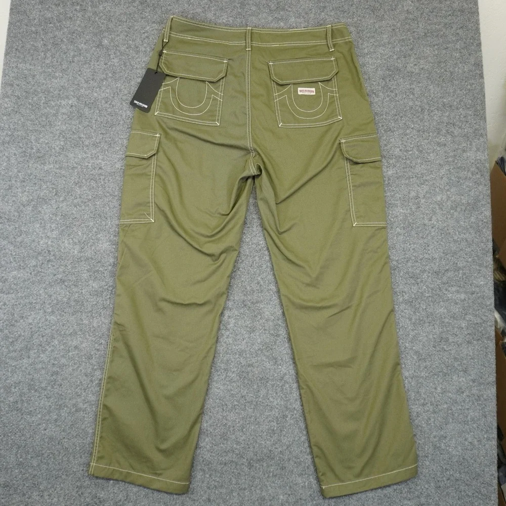 NEW True Religion Cargo Pants Mens 36 Green Contrast Stitch Straight Leg